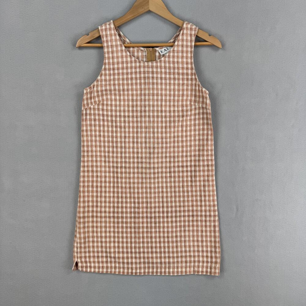 Vintage Kala Dress Womens 7/8 Brown Gingham Sleeveless Shift Cotton Mini